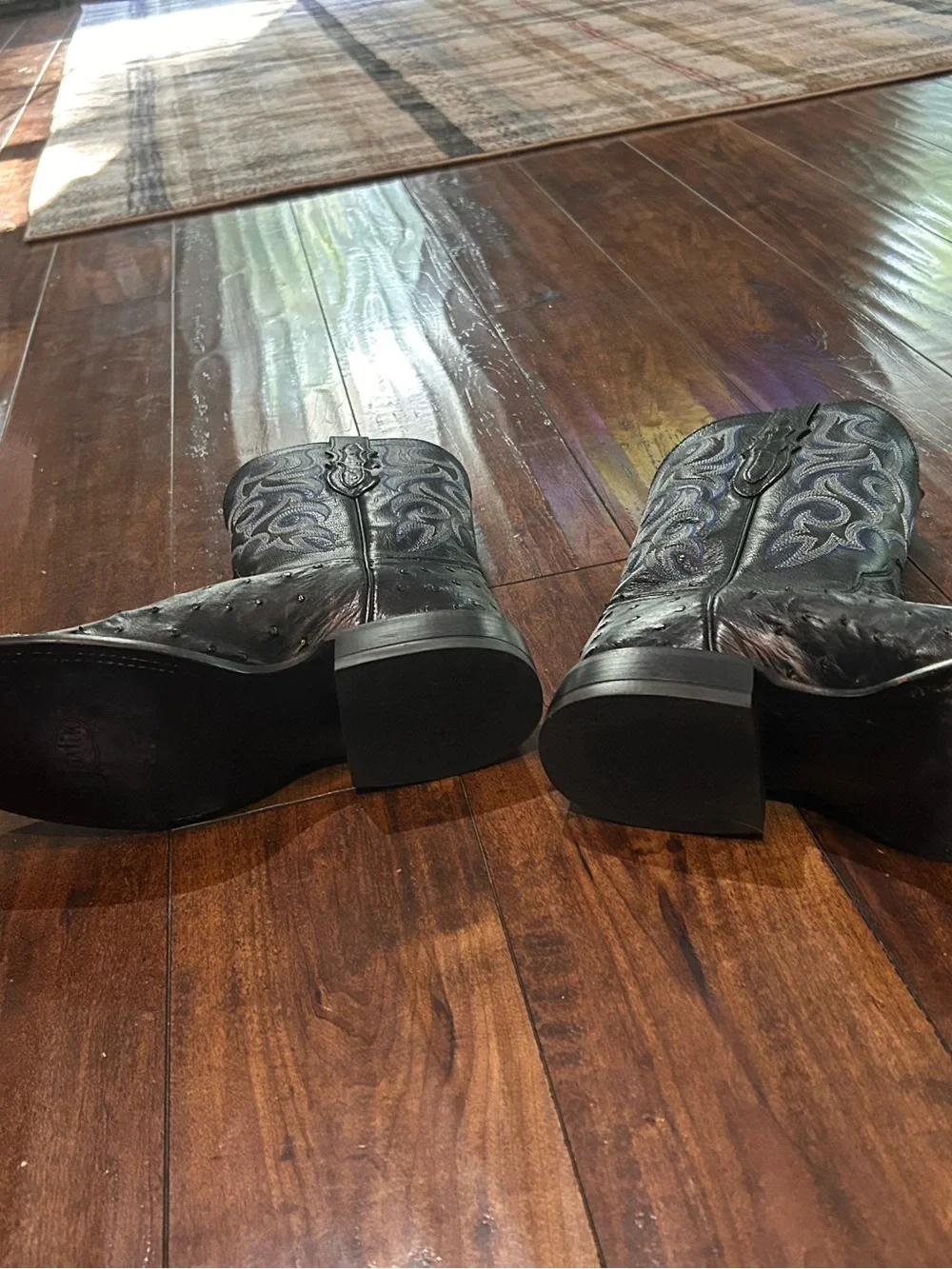 Justin Black Ostrich Leather Square Toe Cowboy Boots - Picture 4 of 5
